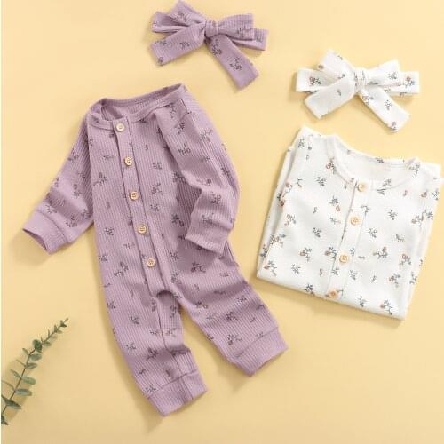0-18M Lovely Baby Girls Boy Autumn Rompers 2pcs Flowers Printed Long Sleeve Single Breasted Jumpsuits Headband