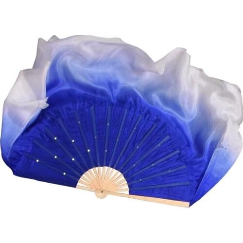 Royal Blue White Gradient Half Circle Belly Dance Veil Real Silk Dance Fan Pairs(1R+1L) Handmade Chinese Bamboo Fan 41cm-86cm