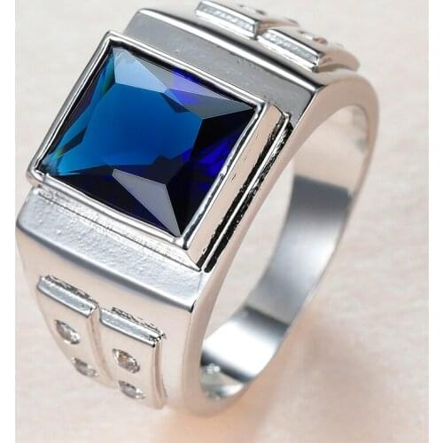 Male Female Blue Crystal Square Stone Rings For Women Men Wedding Jewelry Vintage Fashion Silver Color Engagement Promise Ring