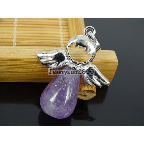 Natural Ame-thyst Gems Stone Angel Wing Teardrop Healing Pendant Charm Beads Silver Healing Jewelry Design 10Pcs/Pack