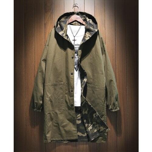 New Army Green Camouflage Reversible Trench Coat For Men Winter Thick Cotton Lining Mens Overcoat Long Oversize Hooded Jackets