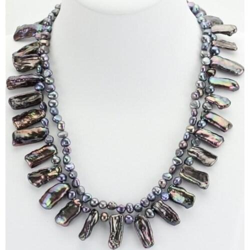 18Inches Girl Pearl Necklace,4mm & 4-20mm Black Color Baroque Freshwater Pearl Necklace,2rows Women Gift Jewelry