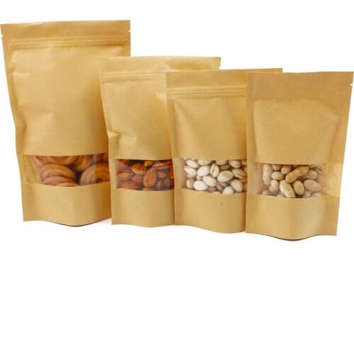 10pcs/lot Brown Kraft Paper Bags Zipper Self Sealing Window Bag Stand up Gift Dried Food Fruit Tea Recyclable Packaging Pouches