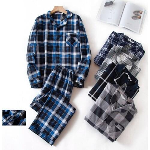 New 100KG Fashion plaid 100% brushed cotton pajamas sets mens sleepwear casual male home Clothing pyjamas men homewear plus size
