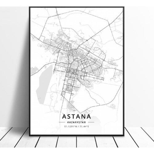 Black and White Astana Kazakhstan Latitude Longitude Canvas Art Map Poster