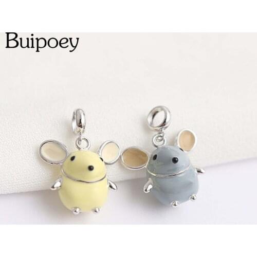 Buipoey 2pcs 2020 Enamel Mouse Pendant Big Ears Mouse Zodiac Rat Charms Fit Brands Necklace Bracelet Animal Jewelry For Women
