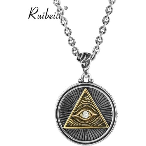 Ruibeila Oeil de Dieu Rond Longue Hip Hop Hommes Collier 925 Argent Pendentif Chaîne Punk Petit Ami Bijoux Creative Cadeau