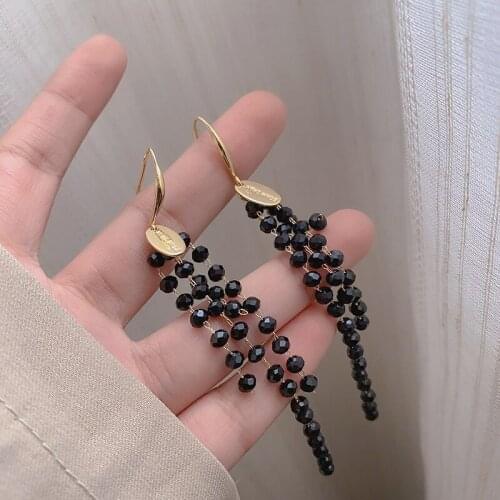 VSnow French Vintage Black Crystal Beaded Dangle Earring for Women Hyperbole Long Tassel Gold C Shape Open Hook Earring Jewelry