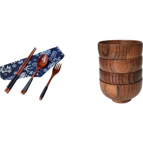 Japanese Vintage Wooden Chopsticks Spoon Fork Tableware With Jujube Japanese-Style Wooden Bowl Wooden Rice Bowl