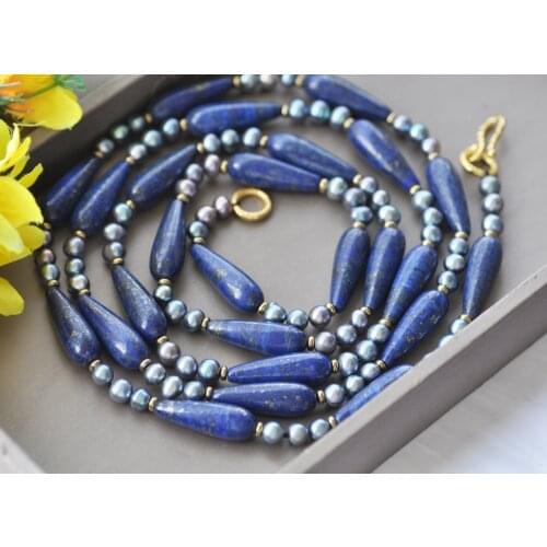 Z10696 18“~50" 30mm Drop Blue Lapis lazuli Black Pearl Necklace