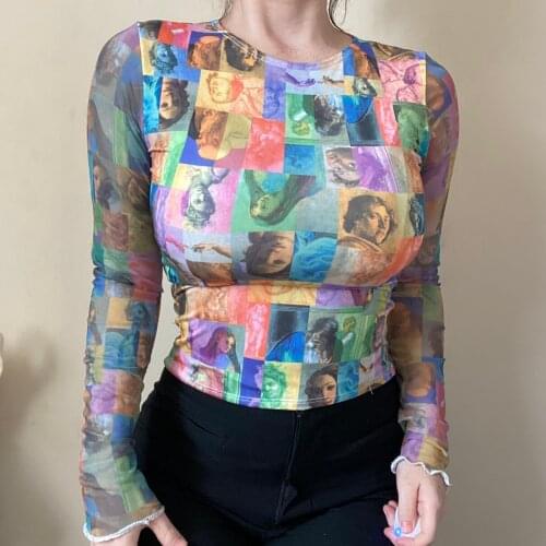 Sexy Women Mesh See-Through T-Shirt Female Autumn Long Sleeve Floral Portrait Print O-Neck Tops