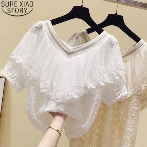 2021 Summer Lace Blouse Women New Short Sleeve Ruffle Stitching Chiffon Shirt V-neck Slim Sweet Solid Korean Tassel Tops 13497
