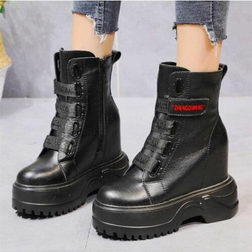 Military Oxfords Women Genuine Leather Platform Wedge Ankle Boots Round Toe High Heels Creeper Shoe Goth 34 35 36 37 38 39