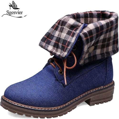Sgesvier 2019 Winter Boots Women Lace Up Chunky Heels Shoes Ankle Boots Female Denim Blue Black Bootie Autumn Footwear G647