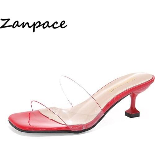 PVC Transparent Slippers Women 2019 Summer Korean Version Shoes Slippers Outside Bling Square Med Heels 5CM Sandals Women Shoes