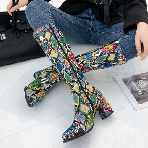 Fashion Snake Print Knee High Boots Autumn Women Boots Square High Heel Long Boots Zipper Winter Boots Shoes Big Size 33-45