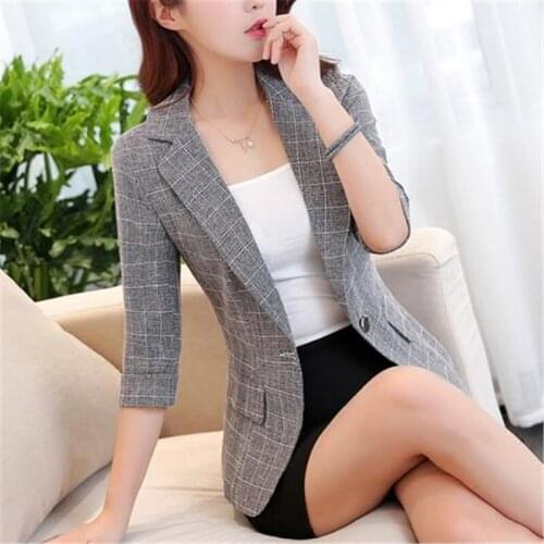 2020 Chic Plaid Suit Female Korean Short Coat Seven-Point Sleeve Women Spring Summer OL Blazer Jackets Casual Retro Outwear V575