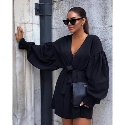 Echoine Latern Sleeve V-neck Dress Elegant Slim Black Dress with Belt Women Vintage Vestidos autumn Mini dress women Black 2019
