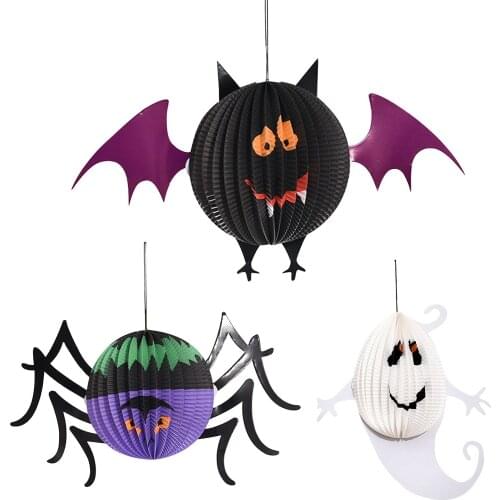 1pc Pumpkin Ghost Spider Bat Shape Honeycomb Paper Balls Halloween Party Decoration Lantern for Home Room Wall Hanging Decor