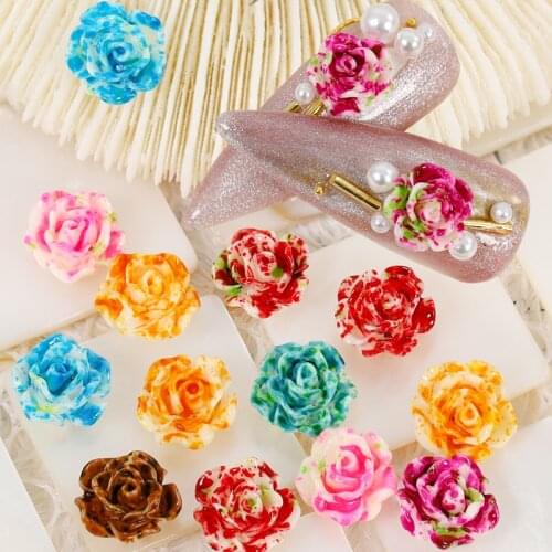 1 PACK Colorful Dyeing Candy Rose Flowers Cameo Base Setting 3D Petal Resin Flowers nail art decor Manicure DIY tips 6-10mm