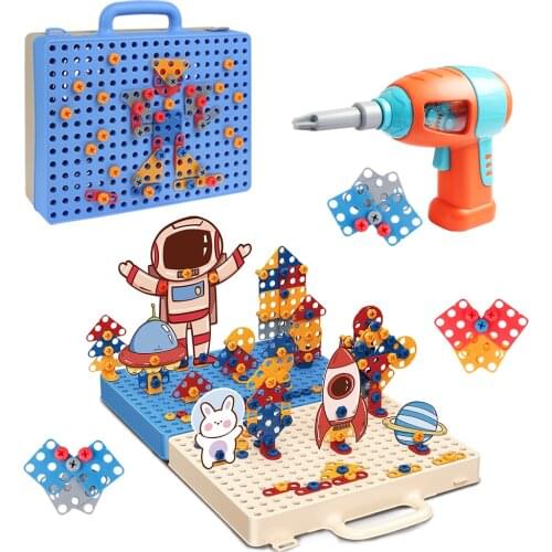 332PCS/Set 3D Drilling Screw Puzzle Toy with Electric Drill Pretend Play Tool Kit DIY Blocks Assembly Game Kids Educational Toys