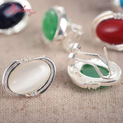 8x12mm Oval Gem Stone Beads White Tibetan Silver For Lady Party Trendy Fashion Clamp Earring For Woman Christmas Gift 1 Pair