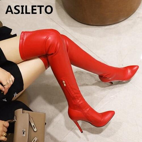 ASILETO Sexy Luxury Party Over Knee High Boots PU Leather Zipper Pointed Toe 12cm Stileeto Heel Ladies Plus Size 49 S2464