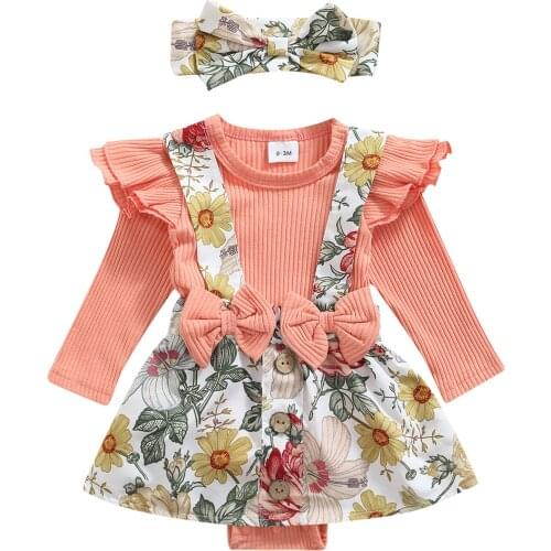 Toddler Floral Printed Bodysuits Autumn Newborn Baby Girl Clothes Cotton Spring Casual Infant Jumpsuit 2pcs With Headband