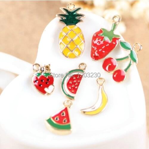 Diy jewelry making 50pcs/lot alloy drop oil fruit style cartoon Banana/watermelon/pineapple/cherry/strawberry pemdmats charms