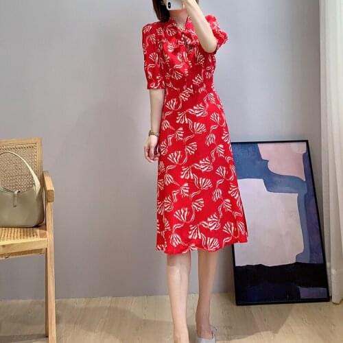 UK Collections Red Print Short Sleeves Bow Silk Dress Size UK8-16