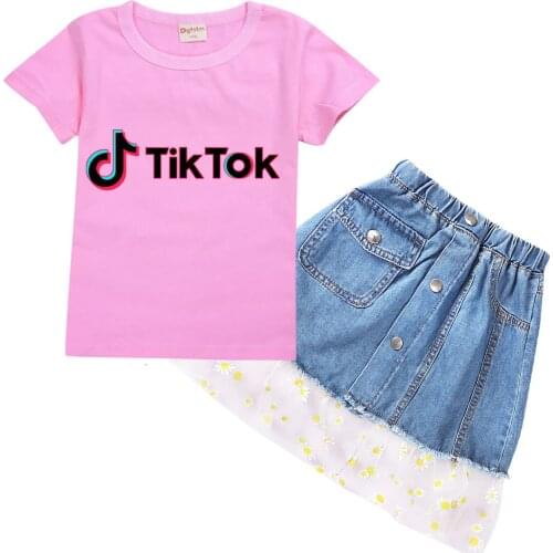 TIK TOK princess Clothes Kids T Shirt Denim Skirt 2pcs Set Short Sleeves Tracksuit 100% Cotton Baby Girls Outfits