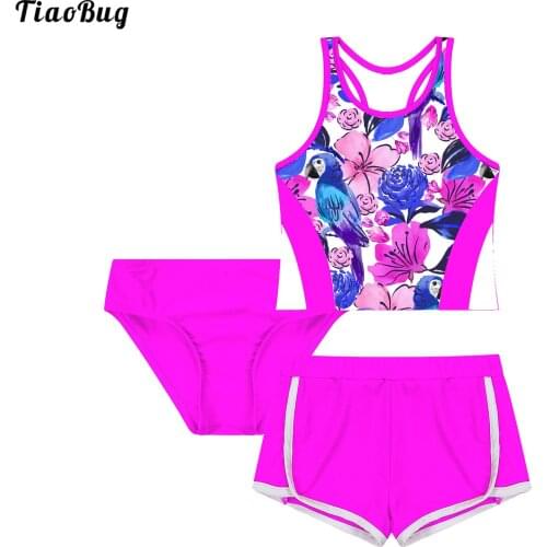 TiaoBug Summer 3Pcs Kids Girls Flower Print Swimwear Sleeveless Racer Back Vest With Briefs And Shorts Tankini Bathing Swimsuit