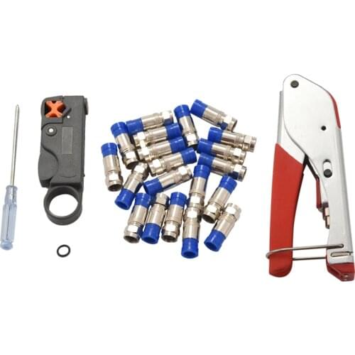 Compression Tool Kit Rg59 Rg6 Coax Crimping Tool Double Blades Coaxial Cable Stripper with 20Pcs Blue F Connectors