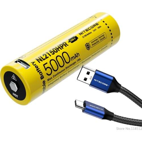 NITECORE NL2150HPR 21700 5000mAh 3.6V 18Wh USB-C Rechargeable Li-ion Battery + NITECORE UAC20 USB-C to USB-A 2.0 Charging cable