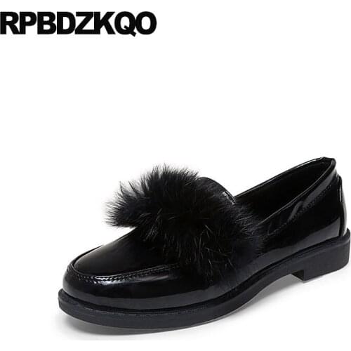 Flats cute designer bow fur factory direct women cheap shoes china patent leather 5 loafers round toe slip on plaid winter black