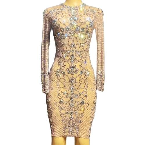 Long Sleeve Net Yarn See Through Short Dress Women Sparkly Rhinestone Skinny Elastic Dress Evening Prom Nightclub Show Wear
