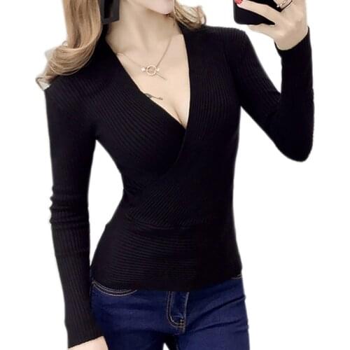 2021 New Sexy Deep V Neck Sweater Womens Pullover Casual Slim Bottoming Winter Sweaters Female Elastic Cotton Long SleeveTops