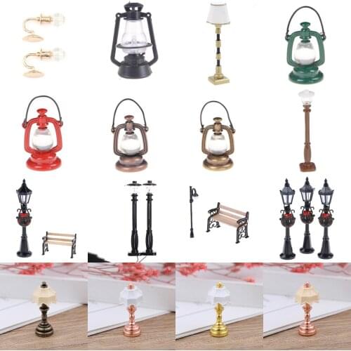 Retro Oil Lamp Dollhouse Miniature Furniture Toy Wooden Park Bench Street Lamp 1:6 1:12 Scale Living Room Garden Accessories