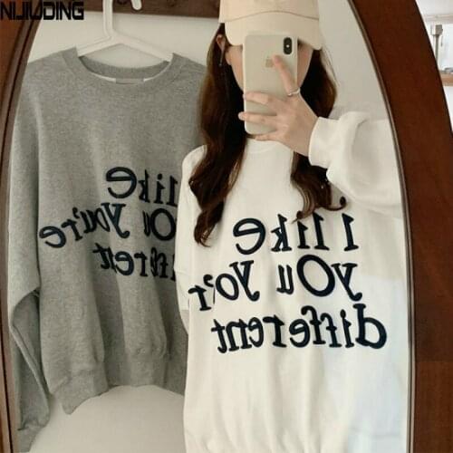 NIJIUDING Womens Sweatshirts 2020 Winter New O-Neck Long Sleeve Thin Letter Embroidery Cotton Liner Loose Pullovers Tops Female
