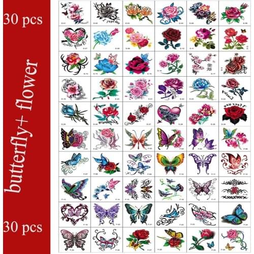 30pcs Tattoo Stickers Flowers Butterfly Temporary Arms Feet Tattoo Colorful Body Art Waterproof Rose Fake for Kids and Women