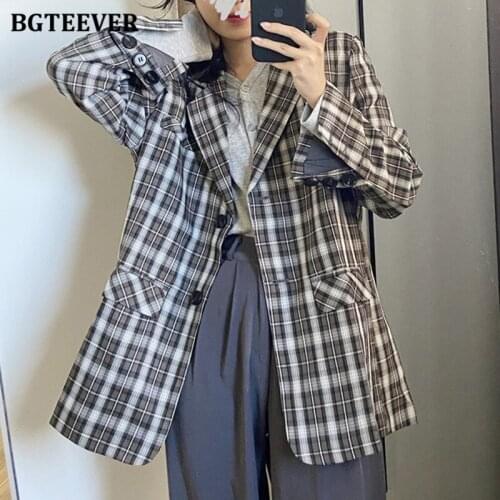 BGTEEVER Vintage Loose Single-breasted Plaid Blazer Jacket for Women 2021 Spring Notched Collar Full Sleeve Ladies Suit Outwear