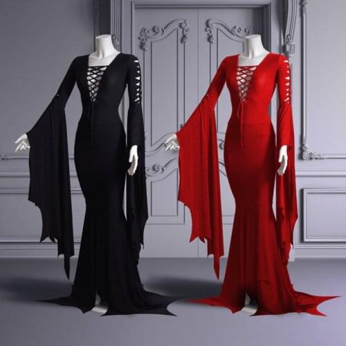 Morticia Addam Halloween Witch Ghost Costume Gothic Floor Train Dress Vampire Vintage Lacing Gown Robe For Women Plus Size