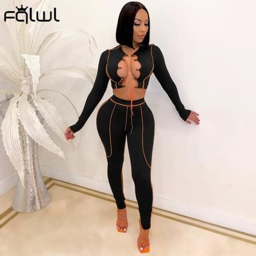 FQLWL Women Sexy Bodycon 2 Piece Set Outfits Lace Up Crop Top And Leggings Set 2021 Ladies Black Party Club Matching Sets Female