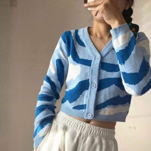 New 2021 autumn knitted cardigan sweater top women v-neck fashion water ripple cropped short camouflage full sleeve knit jacket