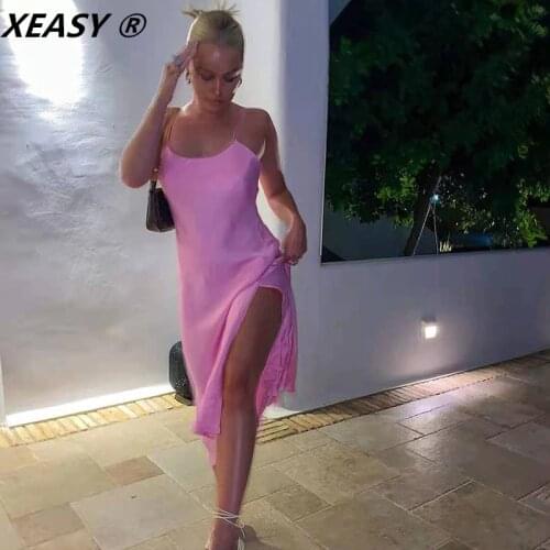 XEASY 2021 Women Vintage Satin Pink Dress Summer Sexy Backless Slip Long Dress Female Party Camisole Midi Evening Dresses