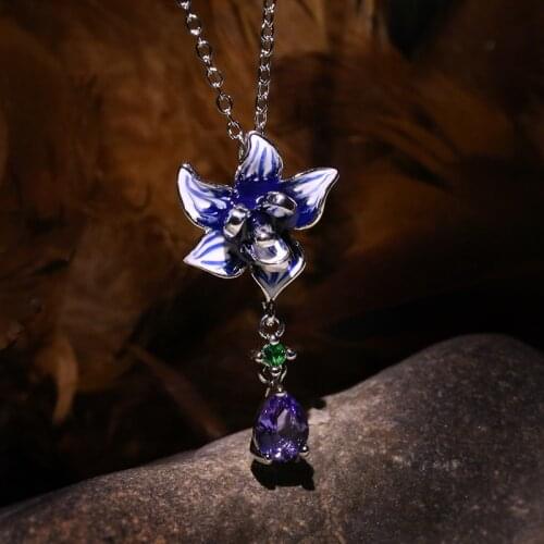 Female Elegant Temperament Blue Enamel Silver Pendant Necklace Stylish Purple Water Drop Zircon Wedding Party Charm Necklace