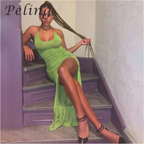 2021 Fashion Sexy Bodycon Dress Women Backless High Split Pleated Drawstring Dresses Summer Dress Sleeveless Halter Long Dress