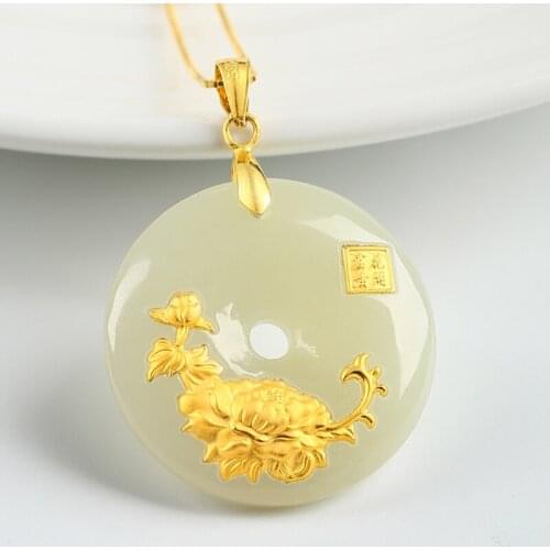 Hetian Jade Safety Button Pendant Jade Women Necklace Lovers Lucky Amulet 24K Gold Jewelry Wholesale Chinese Fine Jewelry