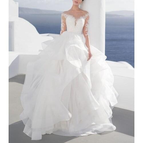 Elegant Long Sleeve Ruffled Beaded Ivory Wedding Dresses Illusion Back Tulle Robes De Mariée Bridal Gown For Women