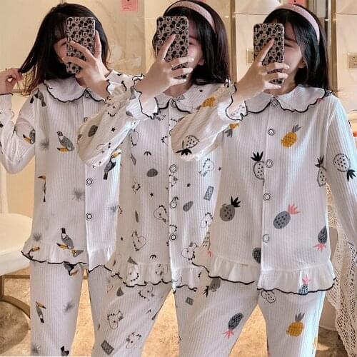 2021 Spring Autumn Long Sleeve Cotton Print Pajama Set for Women Korean Sleepwear Suit Pyjama Homewear Pijama Mujer Home Clothes